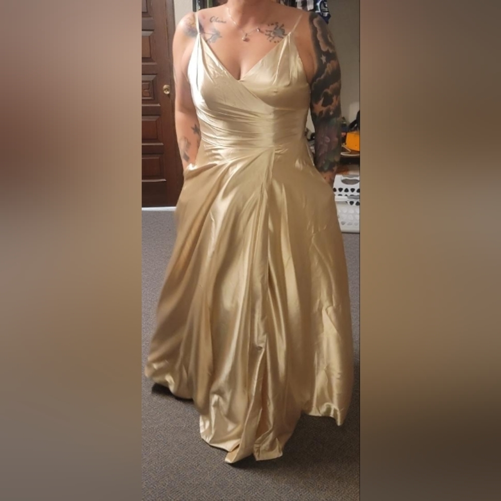 Champagne Formal Satin Evening Gown w/ pockets